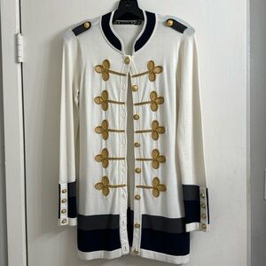 Cream navy gold military detail long cardigan